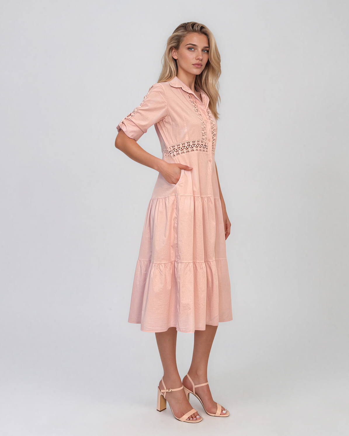 Rochie midi tip cămașă din bumbac cu broderie spartă pe bust și talie roz PR971