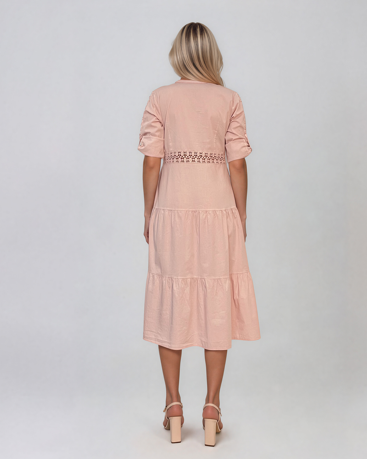 Rochie midi tip cămașă din bumbac cu broderie spartă pe bust și talie roz PR971