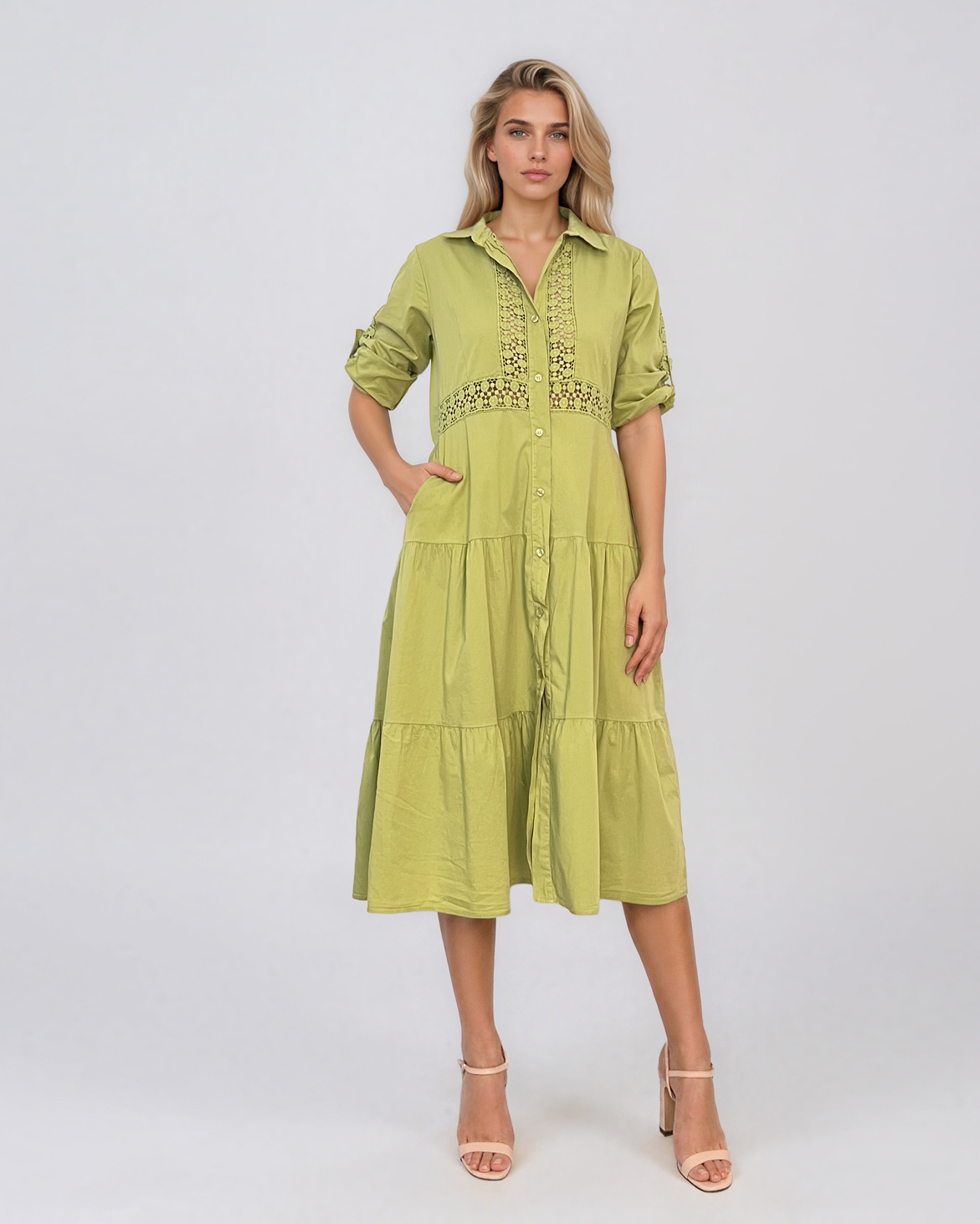 Rochie midi tip cămașă din bumbac cu broderie spartă pe bust și talie vernil PR971