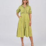 Rochie midi tip cămașă din bumbac cu broderie spartă pe bust și talie vernil PR971