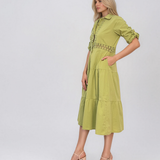 Rochie midi tip cămașă din bumbac cu broderie spartă pe bust și talie vernil PR971