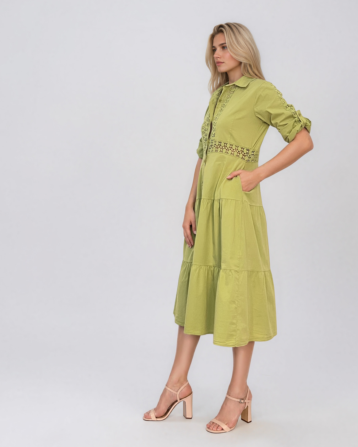Rochie midi tip cămașă din bumbac cu broderie spartă pe bust și talie vernil PR971