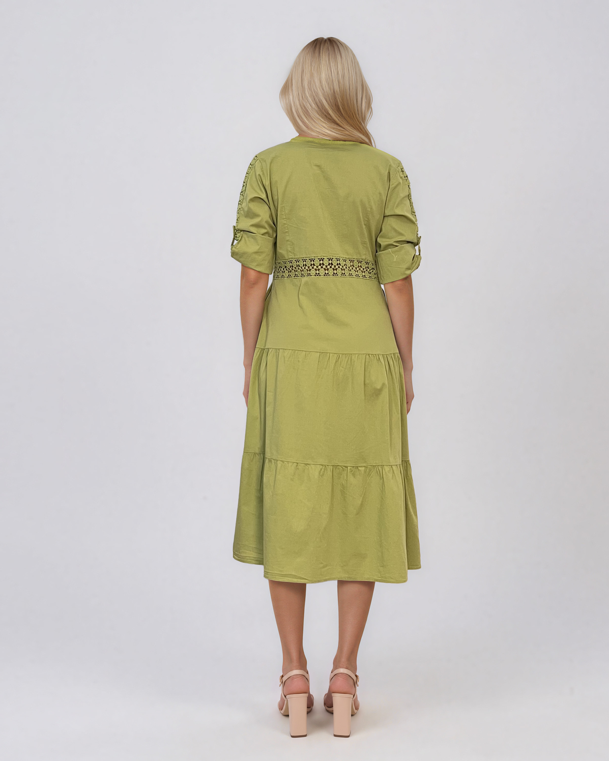 Rochie midi tip cămașă din bumbac cu broderie spartă pe bust și talie vernil PR971