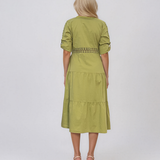 Rochie midi tip cămașă din bumbac cu broderie spartă pe bust și talie vernil PR971