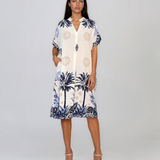 Rochie midi tip tunică din vâscoză cu print tropical cu palmieri bleumarin HL090