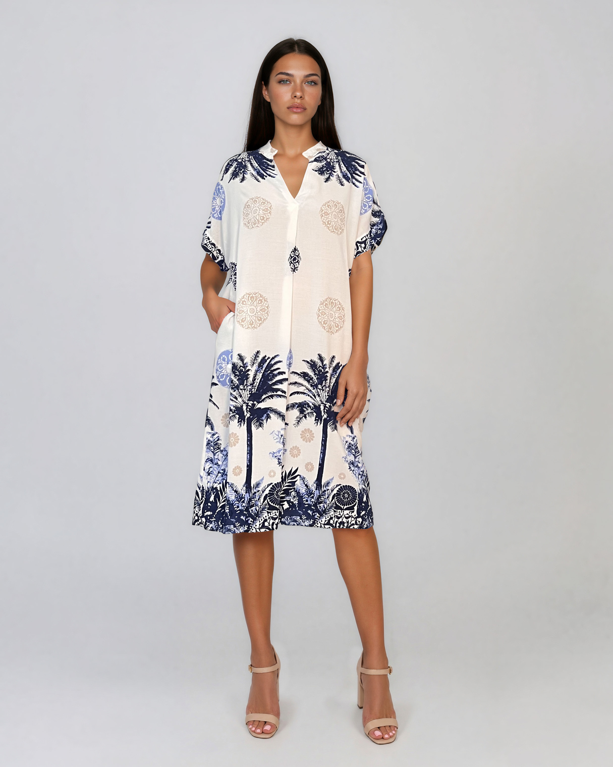 Rochie midi tip tunică din vâscoză cu print tropical cu palmieri bleumarin HL090