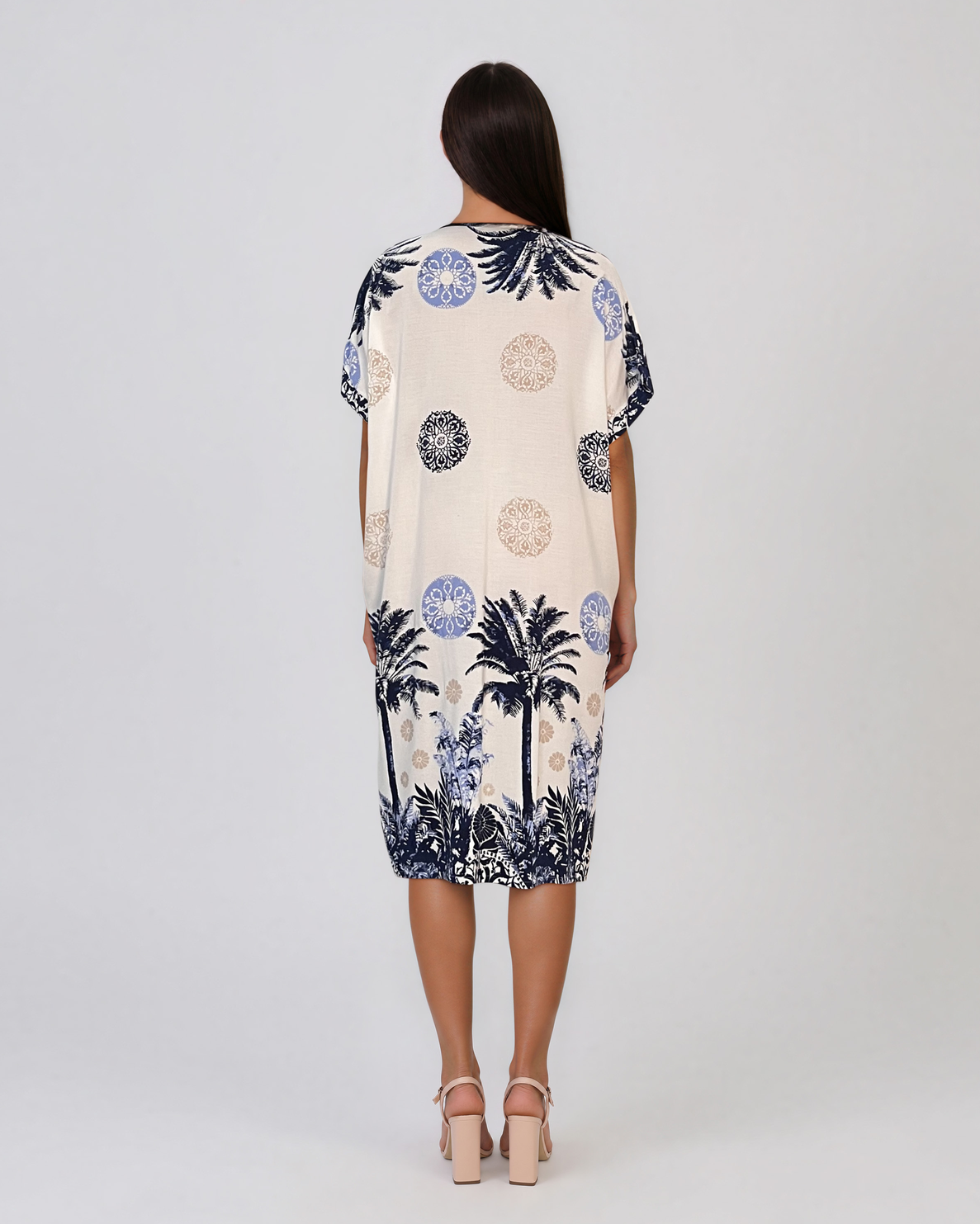 Rochie midi tip tunică din vâscoză cu print tropical cu palmieri bleumarin HL090