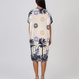 Rochie midi tip tunică din vâscoză cu print tropical cu palmieri bleumarin HL090