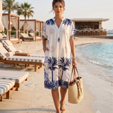 Rochie midi tip tunică din vâscoză cu print tropical cu palmieri bleumarin HL090