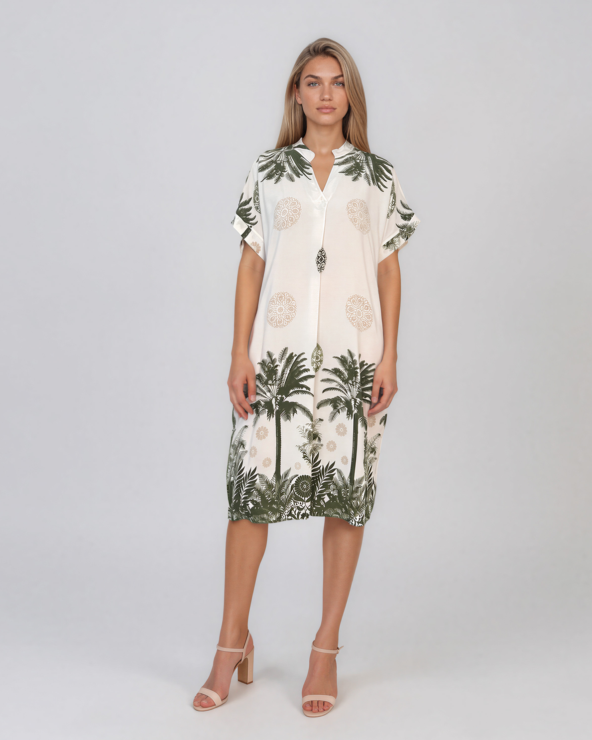 Rochie midi tip tunică din vâscoză cu print tropical cu palmieri kaki HL090
