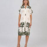 Rochie midi tip tunică din vâscoză cu print tropical cu palmieri kaki HL090