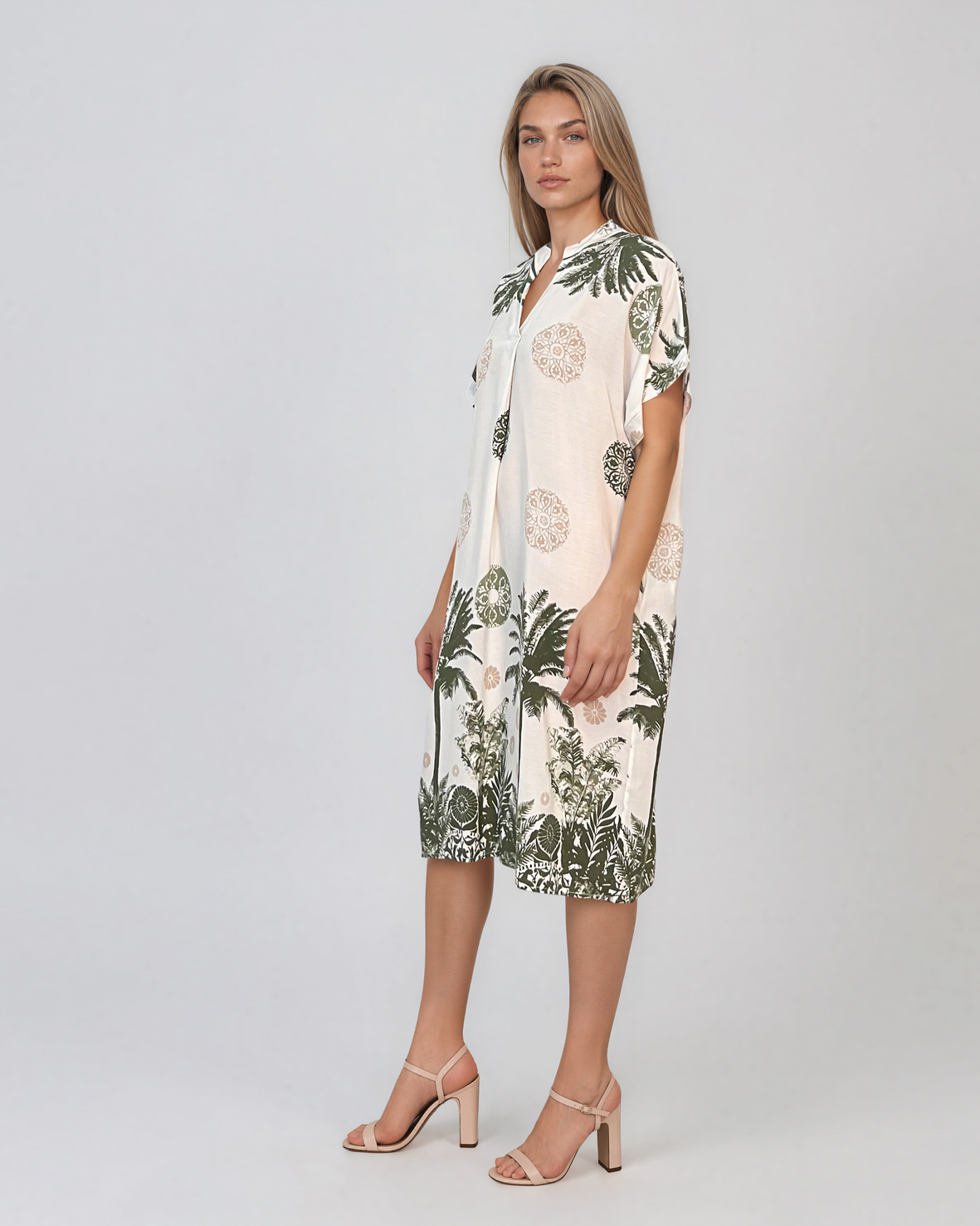 Rochie midi tip tunică din vâscoză cu print tropical cu palmieri kaki HL090