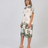 Rochie midi tip tunică din vâscoză cu print tropical cu palmieri kaki HL090