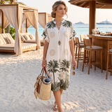 Rochie midi tip tunică din vâscoză cu print tropical cu palmieri kaki HL090