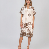 Rochie midi tip tunică din vâscoză cu print tropical cu palmieri maro HL090