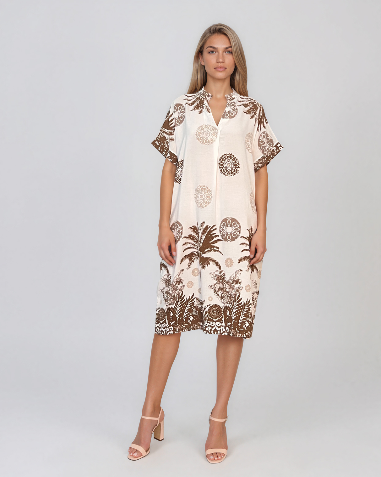 Rochie midi tip tunică din vâscoză cu print tropical cu palmieri maro HL090