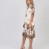 Rochie midi tip tunică din vâscoză cu print tropical cu palmieri maro HL090