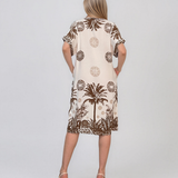 Rochie midi tip tunică din vâscoză cu print tropical cu palmieri maro HL090