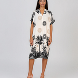 Rochie midi tip tunică din vâscoză cu print tropical cu palmieri negru HL090