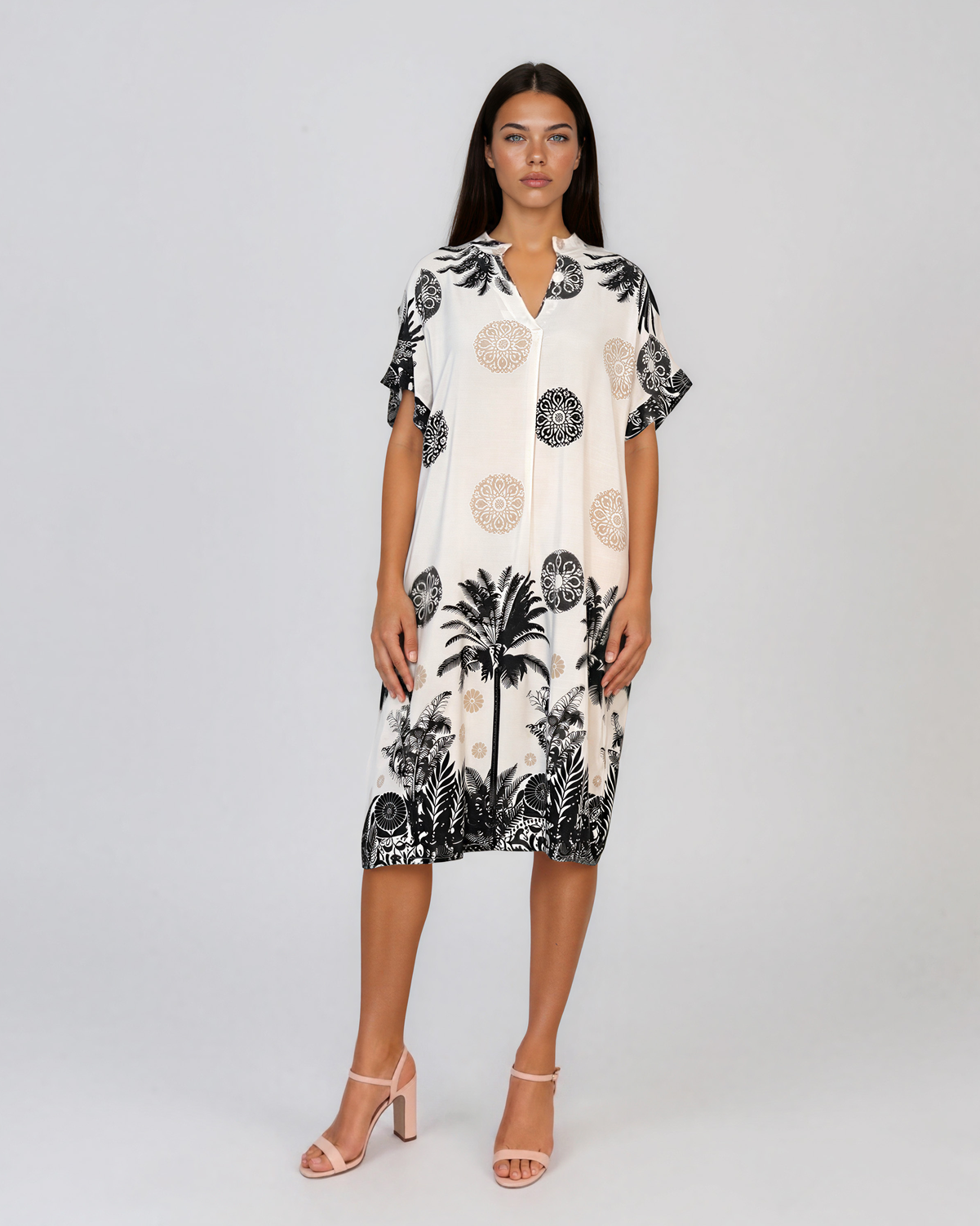 Rochie midi tip tunică din vâscoză cu print tropical cu palmieri negru HL090