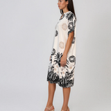 Rochie midi tip tunică din vâscoză cu print tropical cu palmieri negru HL090