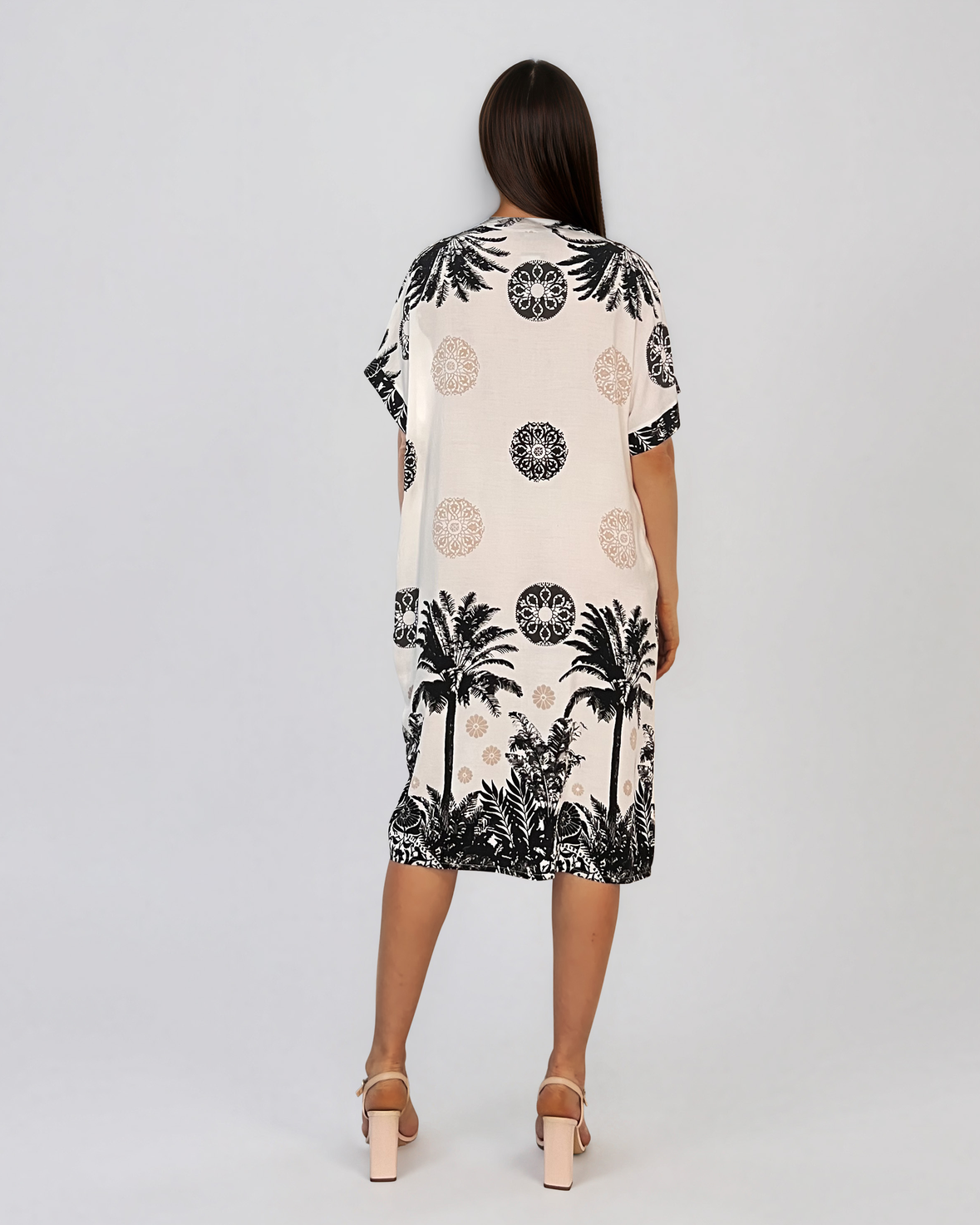 Rochie midi tip tunică din vâscoză cu print tropical cu palmieri negru HL090