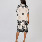 Rochie midi tip tunică din vâscoză cu print tropical cu palmieri negru HL090