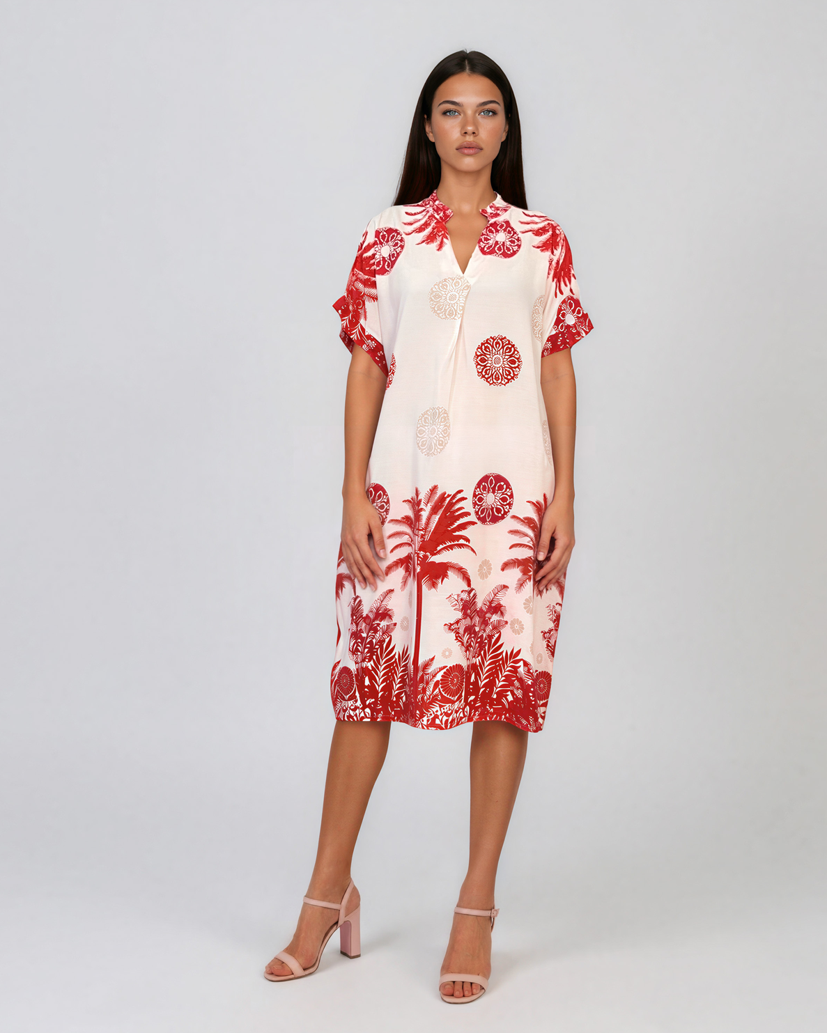 Rochie midi tip tunică din vâscoză cu print tropical cu palmieri rosu HL090