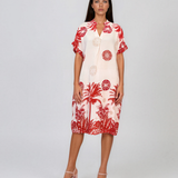 Rochie midi tip tunică din vâscoză cu print tropical cu palmieri rosu HL090