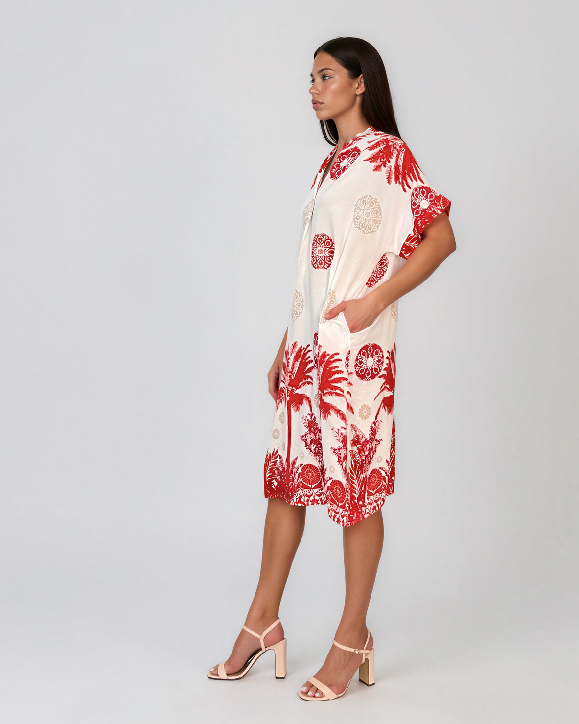 Rochie midi tip tunică din vâscoză cu print tropical cu palmieri rosu HL090