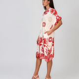 Rochie midi tip tunică din vâscoză cu print tropical cu palmieri rosu HL090