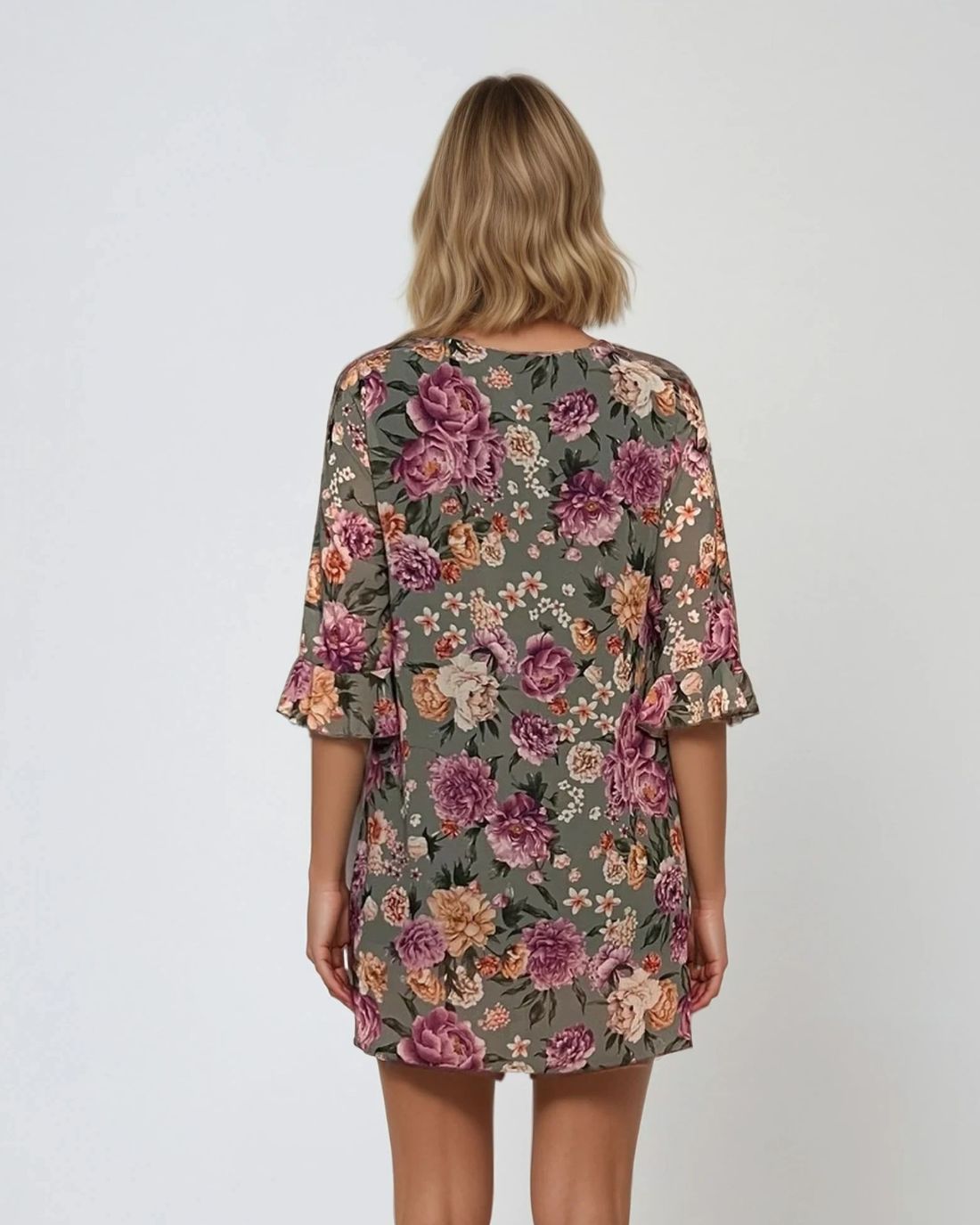 Rochie mini vaporoasă din voal cu print floral kaki 