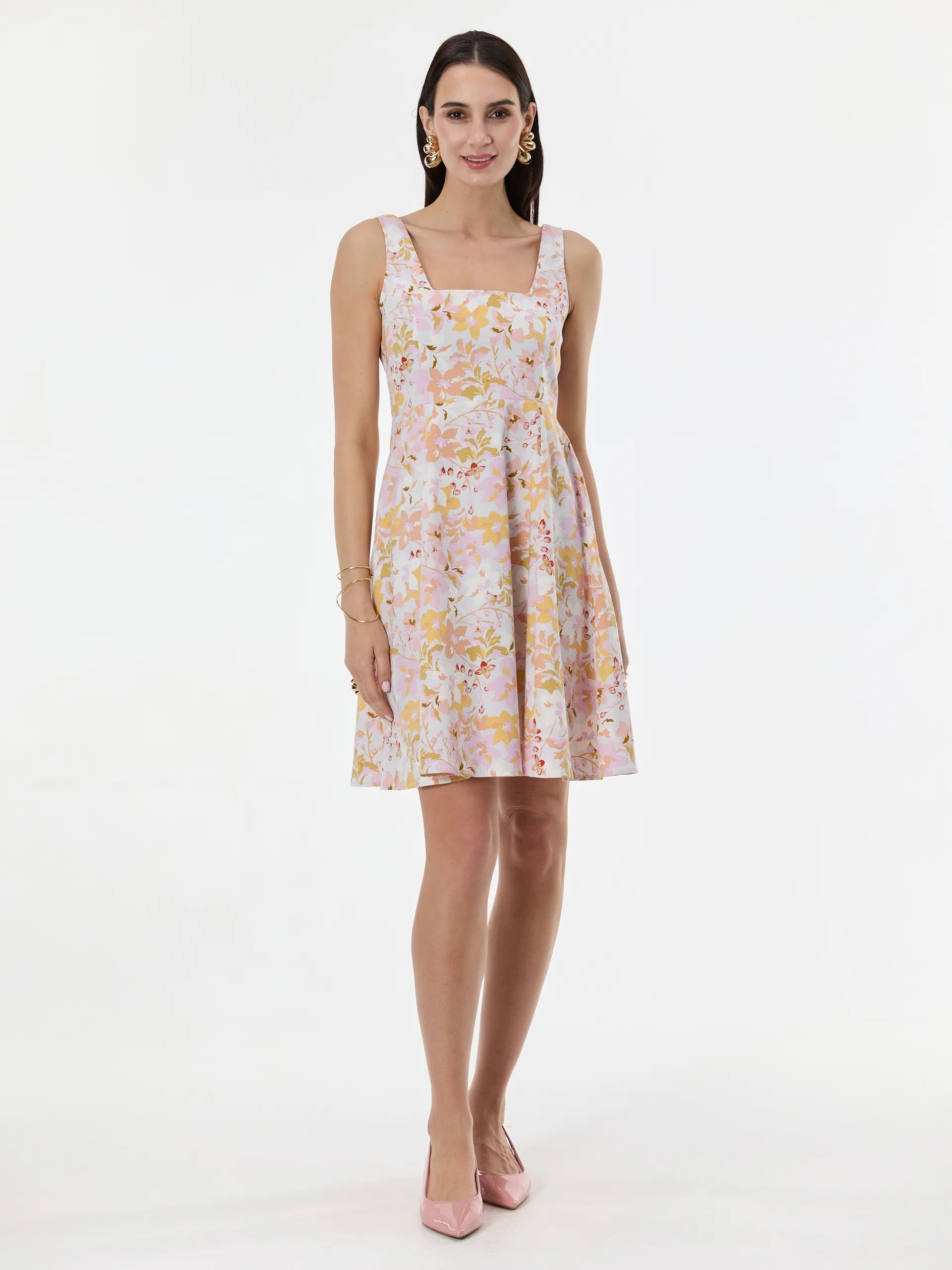 Rochie până la genunchi din bumbac cu imprimeu floral ORSAY alb-flori ORS012