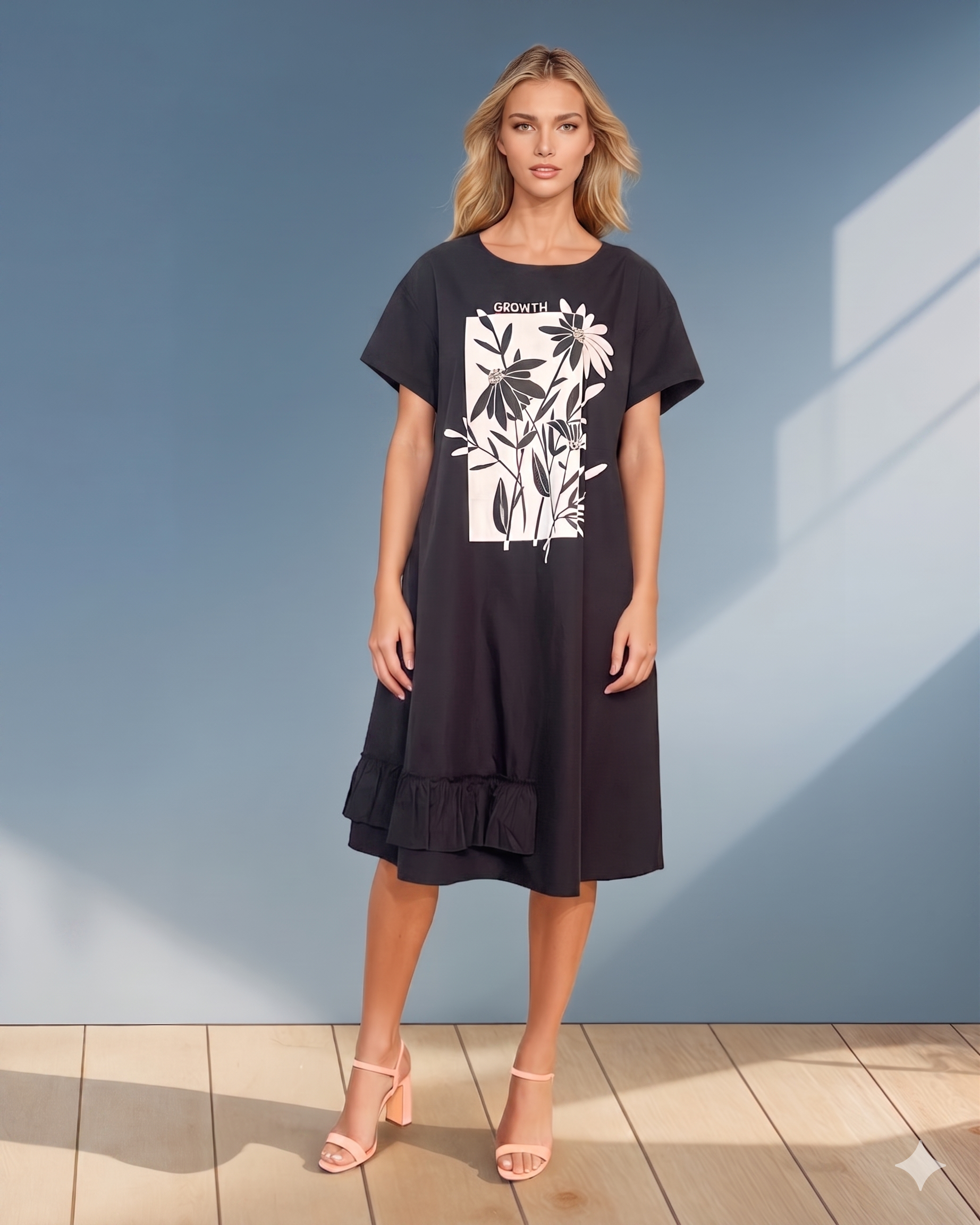 Rochie print florală cu strasuri și volan jos negru PR874