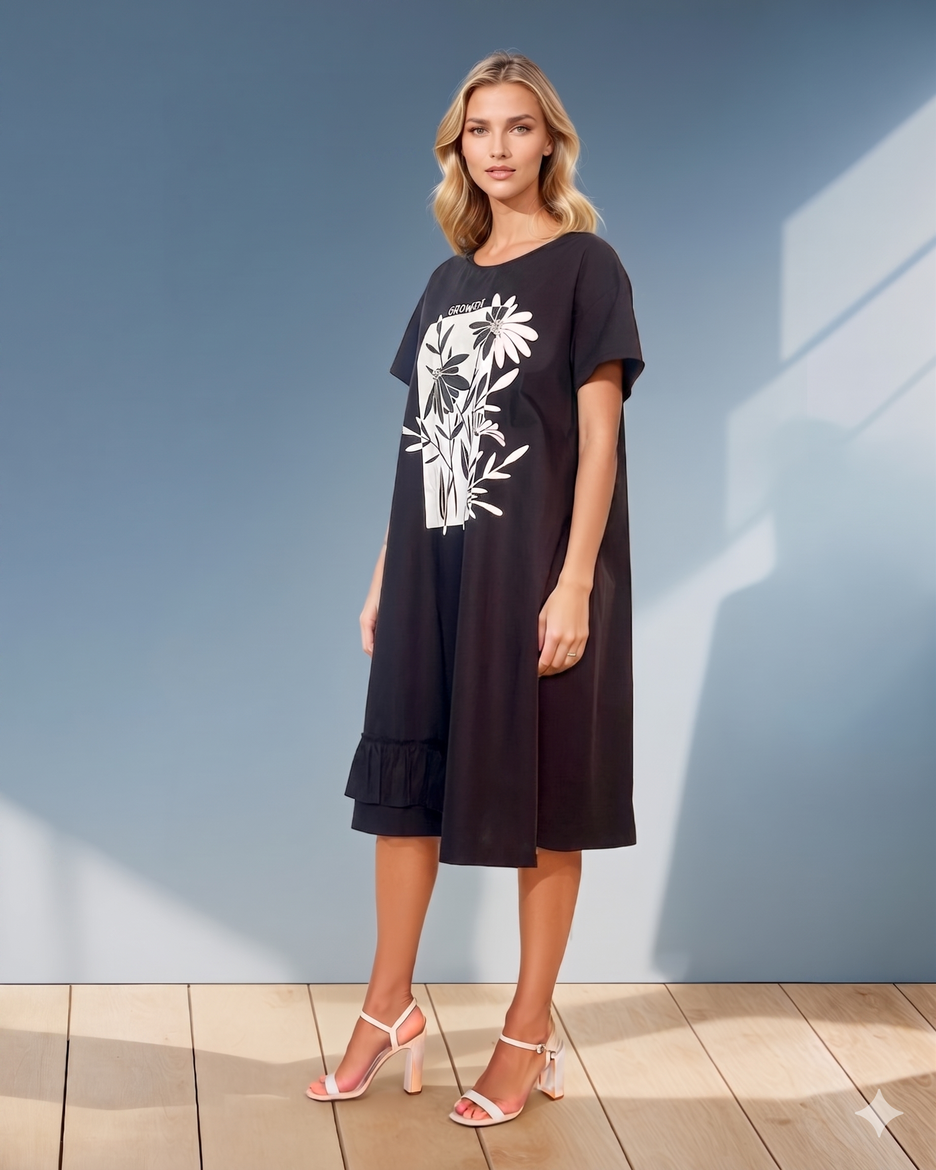 Rochie print florală cu strasuri și volan jos negru PR874