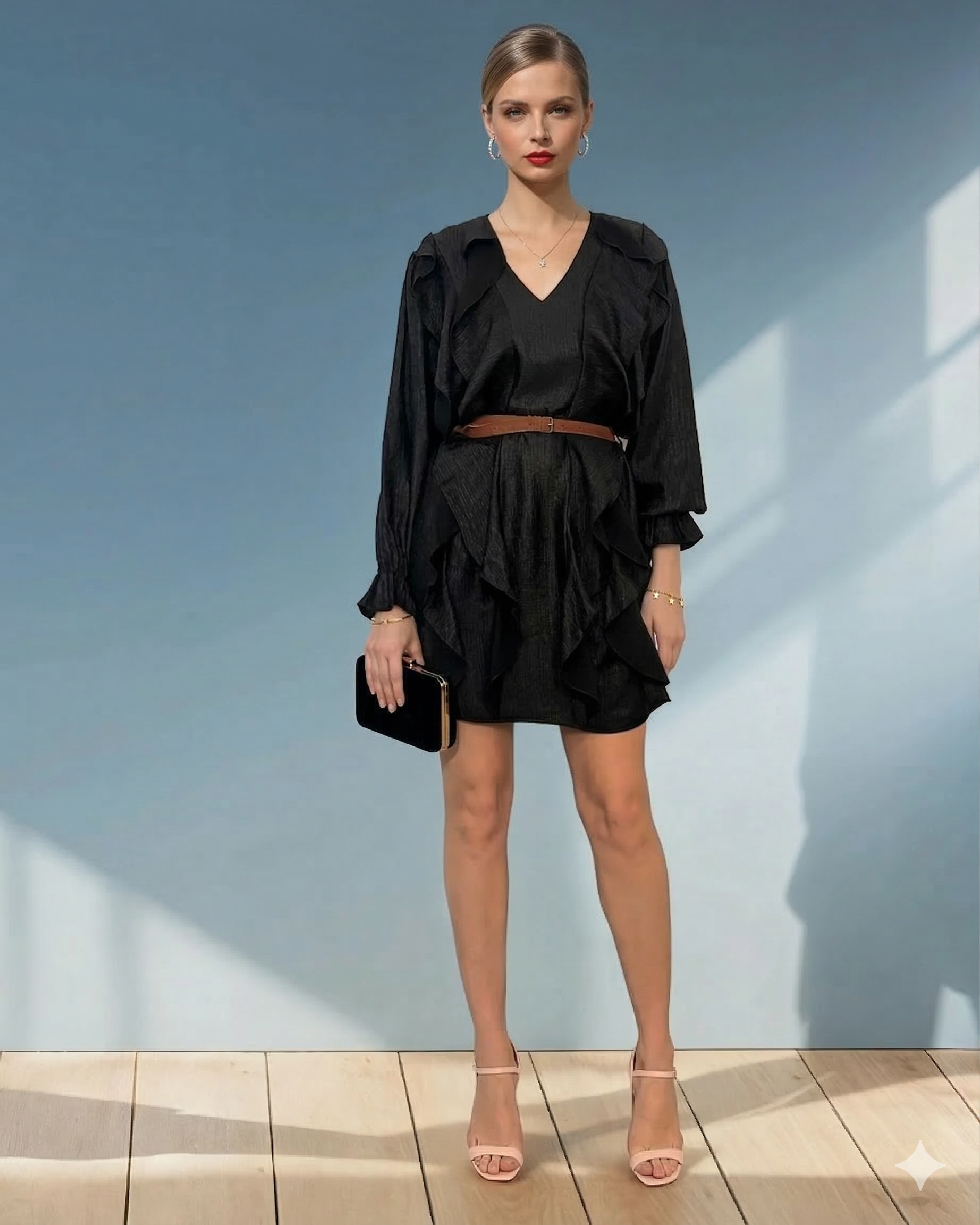 Rochie scurtă cu volane verticale negru 