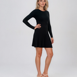 Rochie scurtă din tricot reiat cu fustă evazată negru DY733