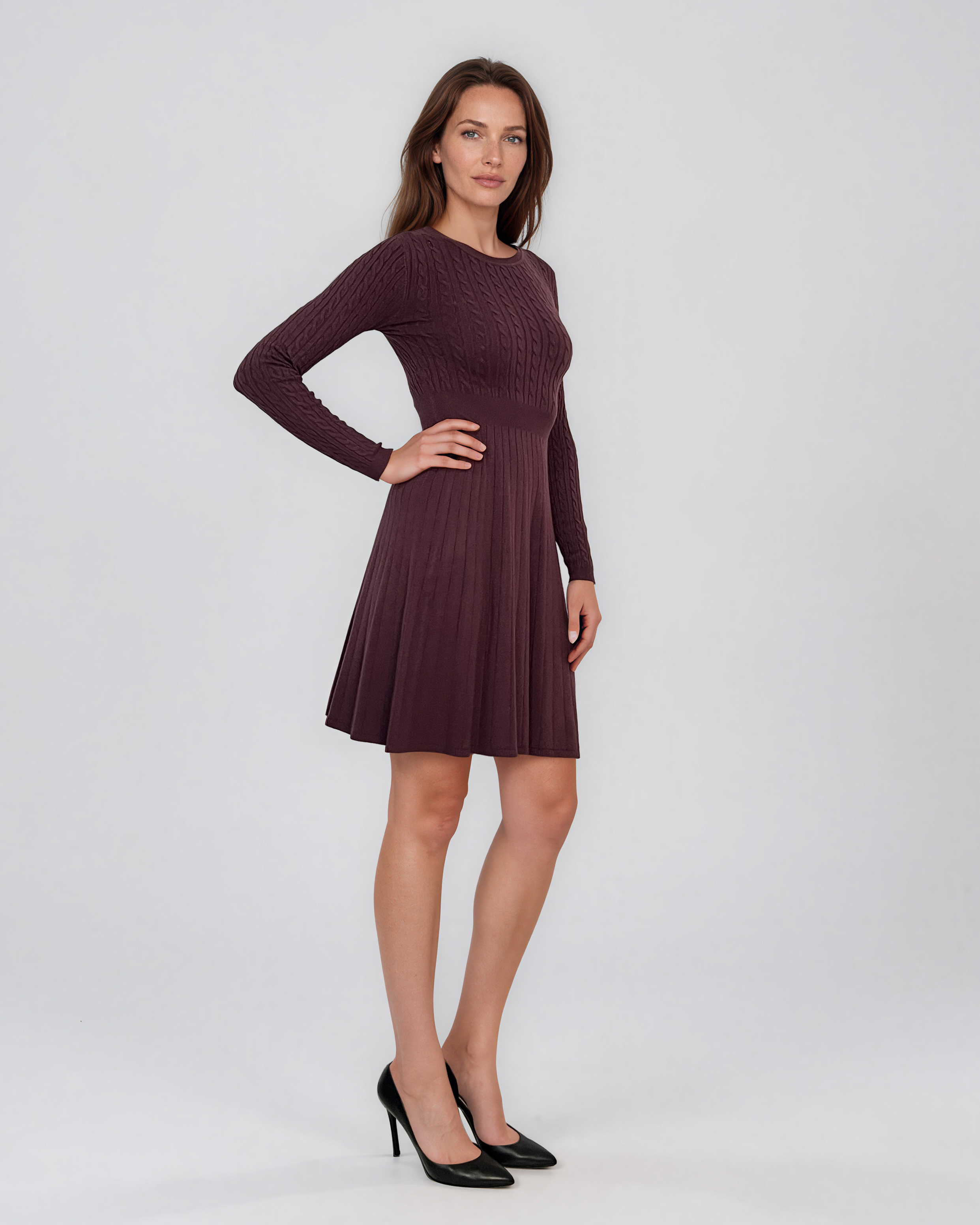 Rochie scurtă din tricot texturat cu fustă evazată grena DY737