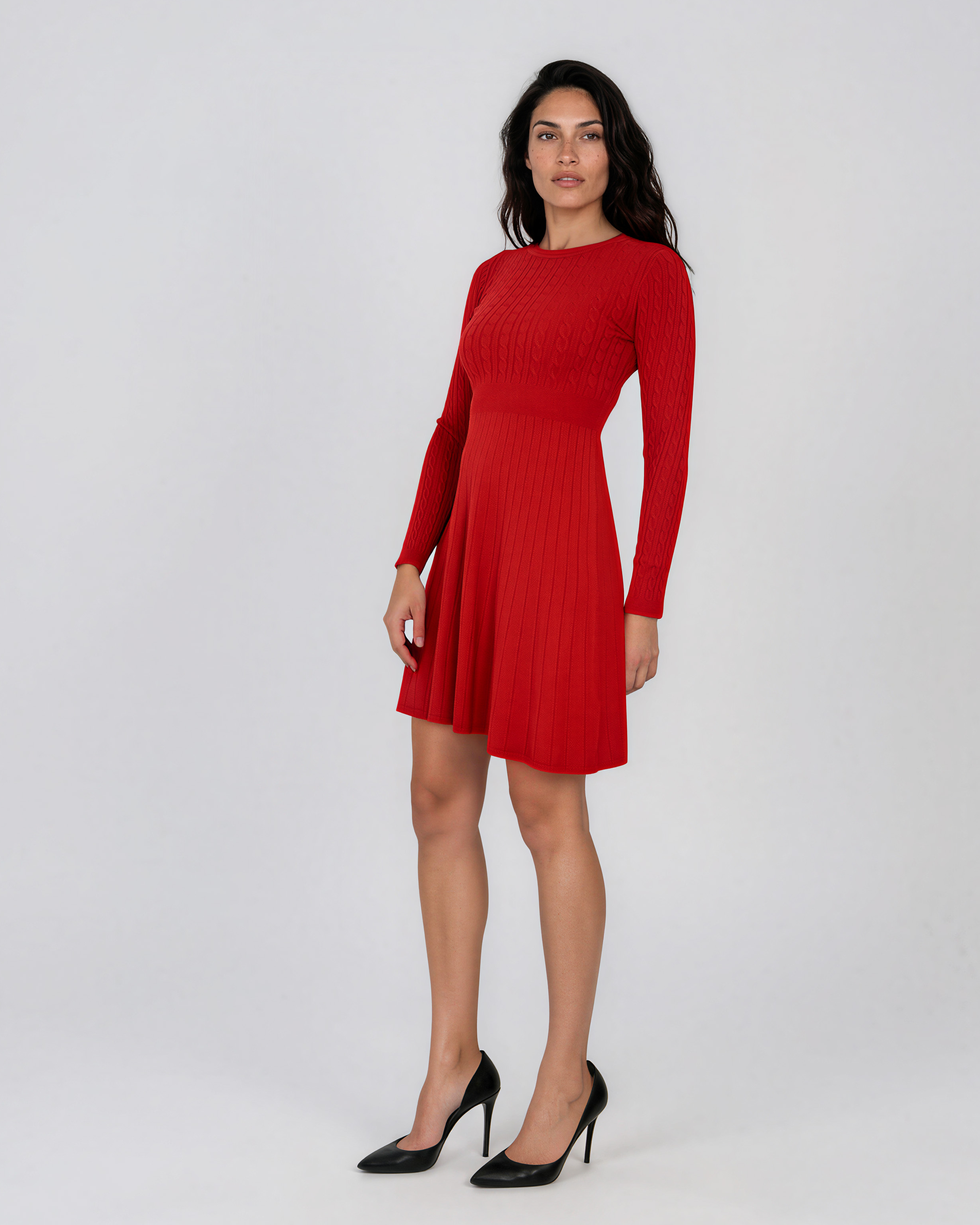 Rochie scurtă din tricot texturat cu fustă evazată rosu DY737