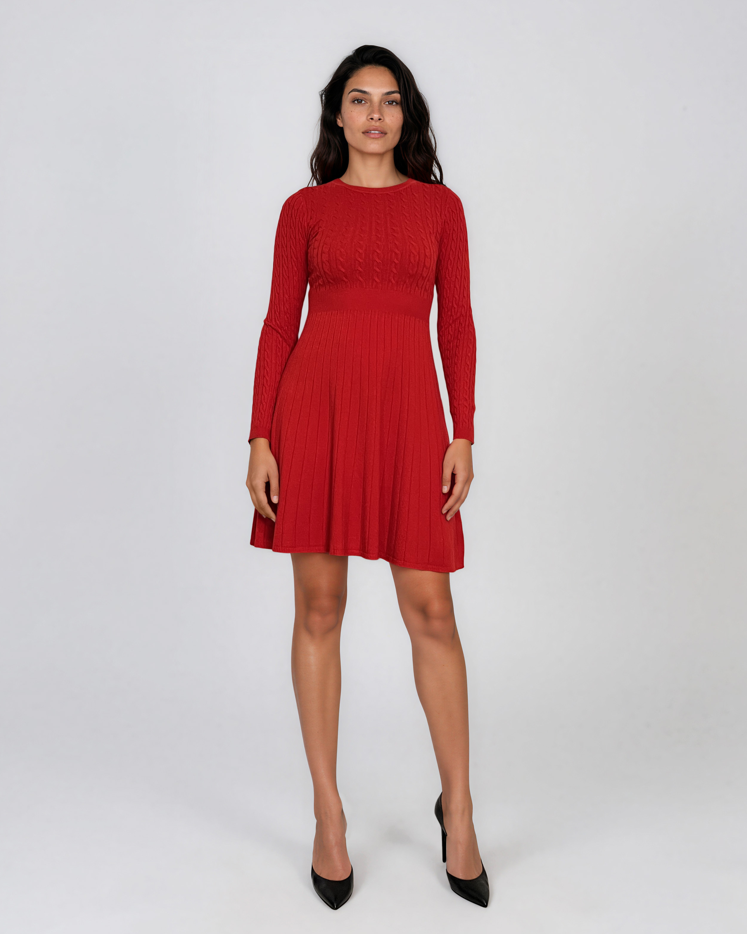 Rochie scurtă din tricot texturat cu fustă evazată rosu DY737