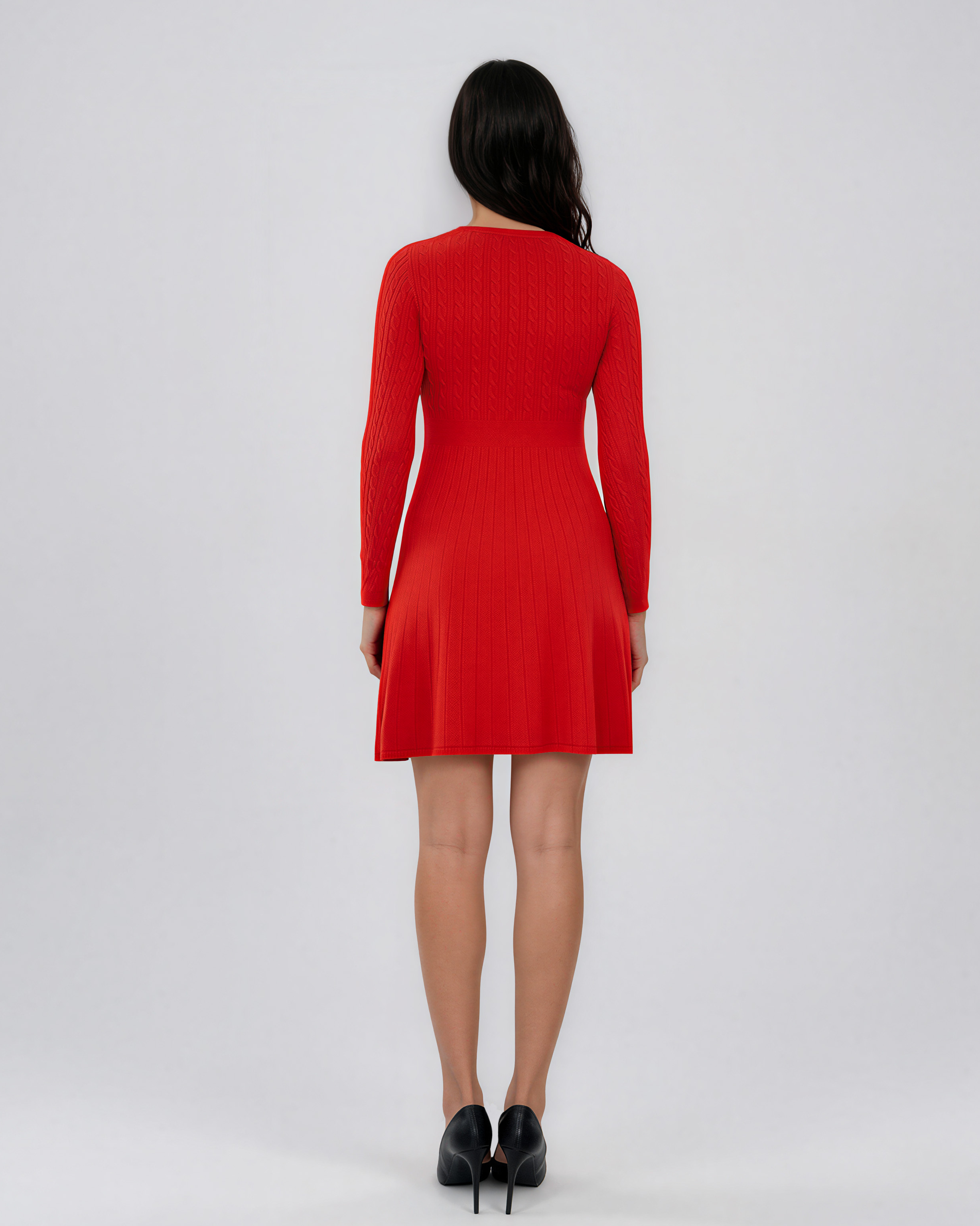 Rochie scurtă din tricot texturat cu fustă evazată rosu DY737