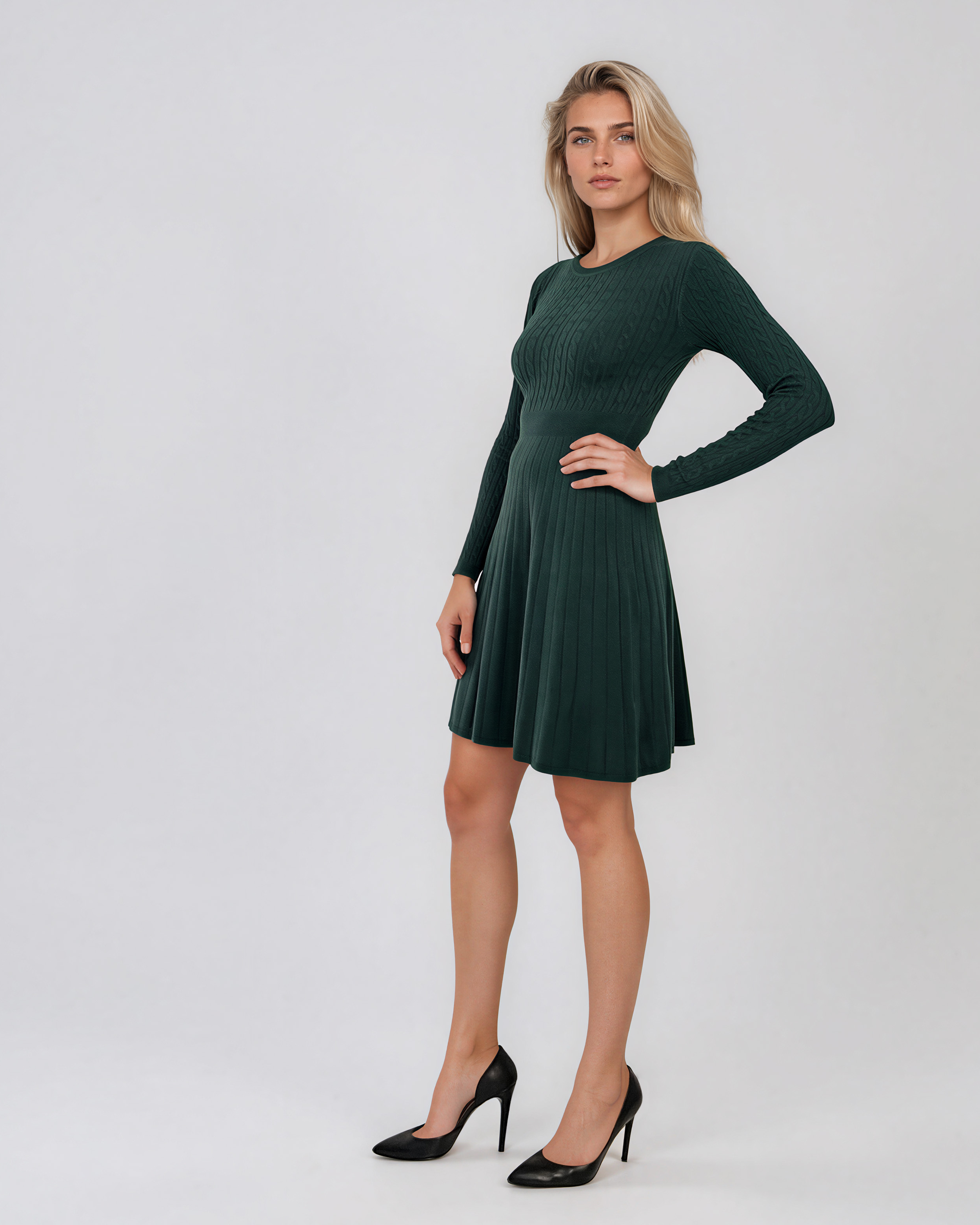 Rochie scurtă din tricot texturat cu fustă evazată verde-dark DY737
