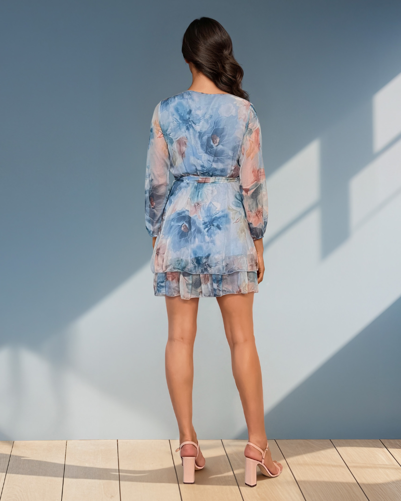 Rochie scurtă din voal cu print floral albastru HL062