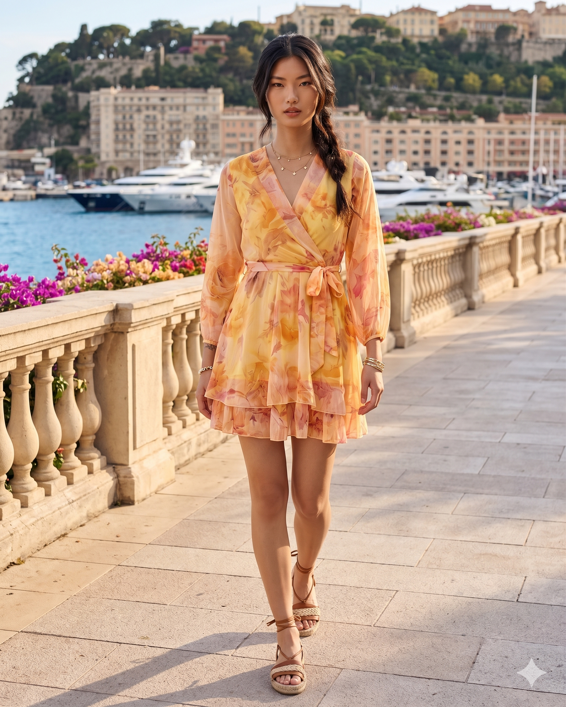 Rochie scurtă din voal cu print floral galben HL062