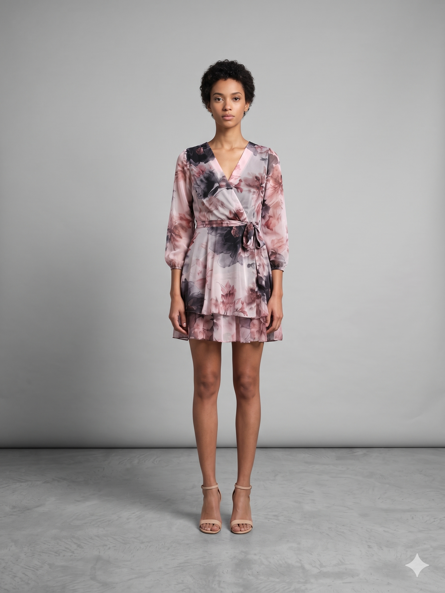 Rochie scurtă din voal cu print floral negru HL062