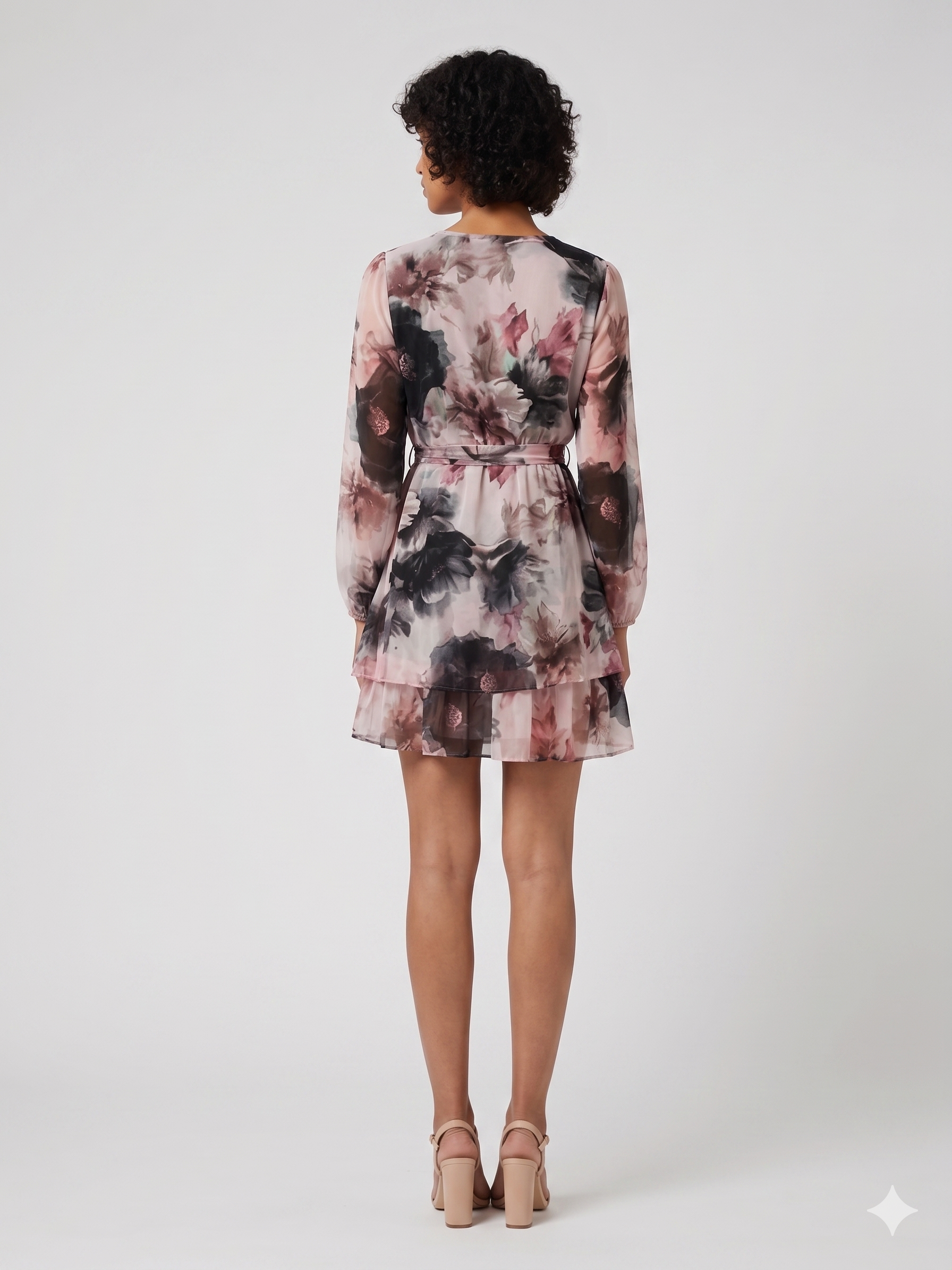 Rochie scurtă din voal cu print floral negru HL062
