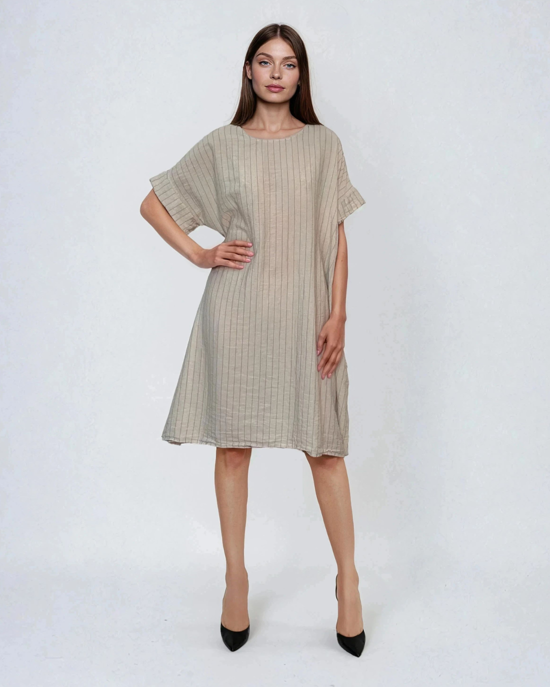 Rochie stil A cu dungi crem 
