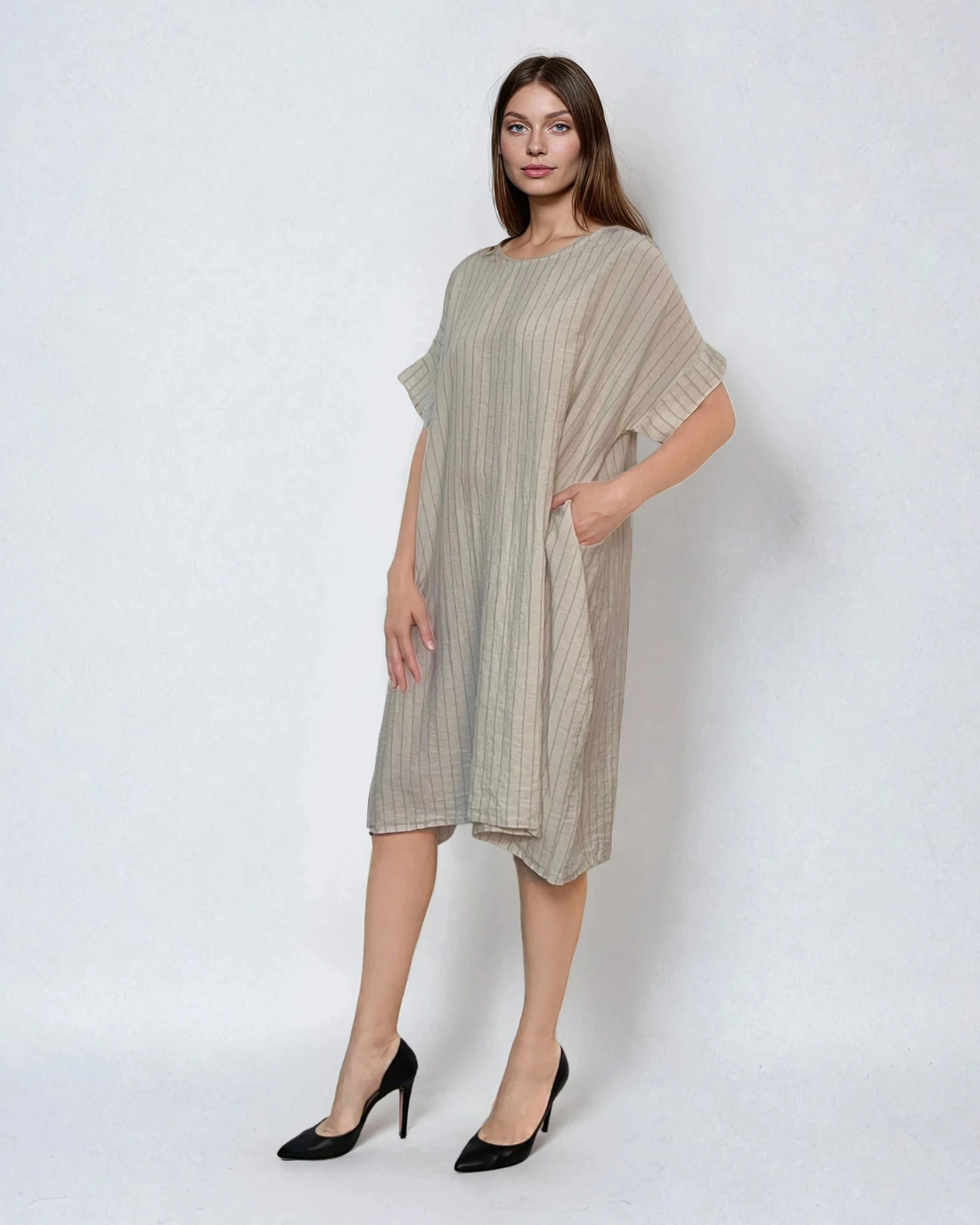 Rochie stil A cu dungi crem 