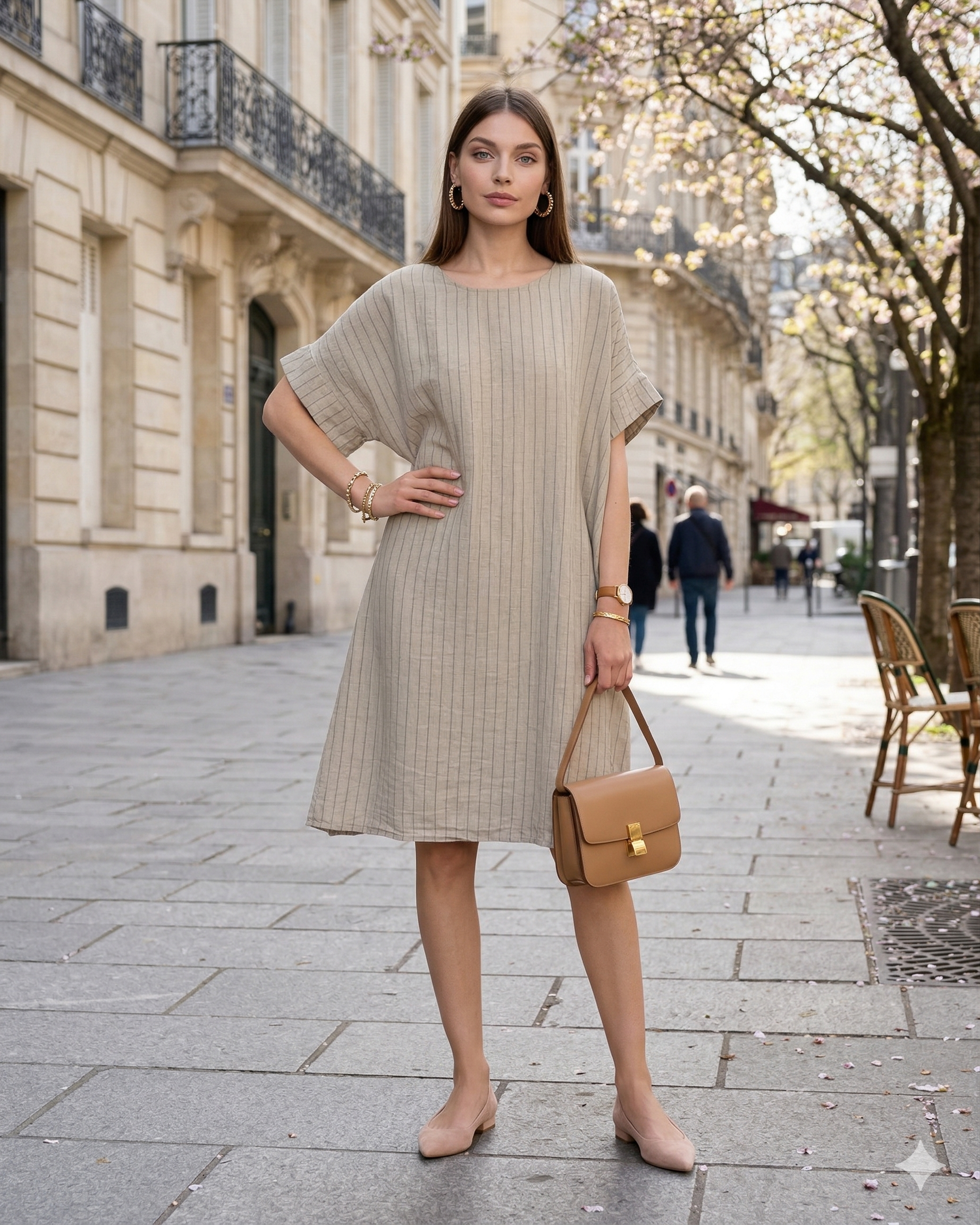 Rochie stil A cu dungi crem 