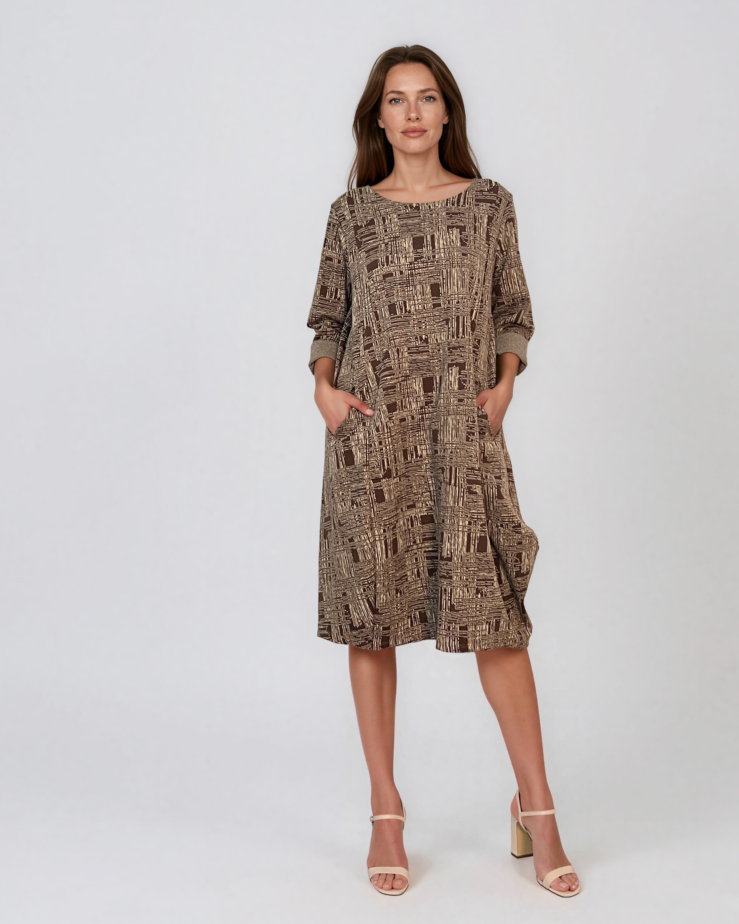 Rochie stil balon cu buzunare maro PN079
